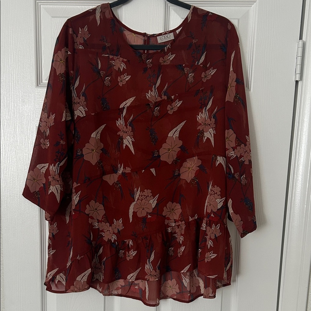 LOGO by Lori Goldstein Maroon Sheer Floral Blouse NWOT